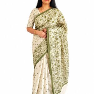 Women's Cotton Saree with Olive Green Floral Print | Soft Lightweight Traditional