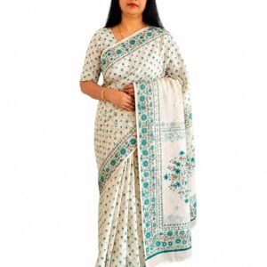 Women's Cotton Saree with Floral Border.Cream & Teal